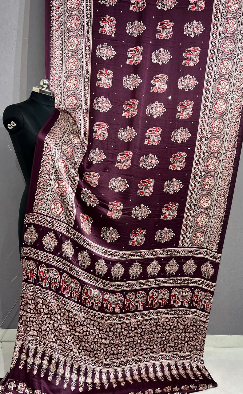 Premium Pure Gajji Silk Ajrakh Bandhej Saree with Super Mirror Work