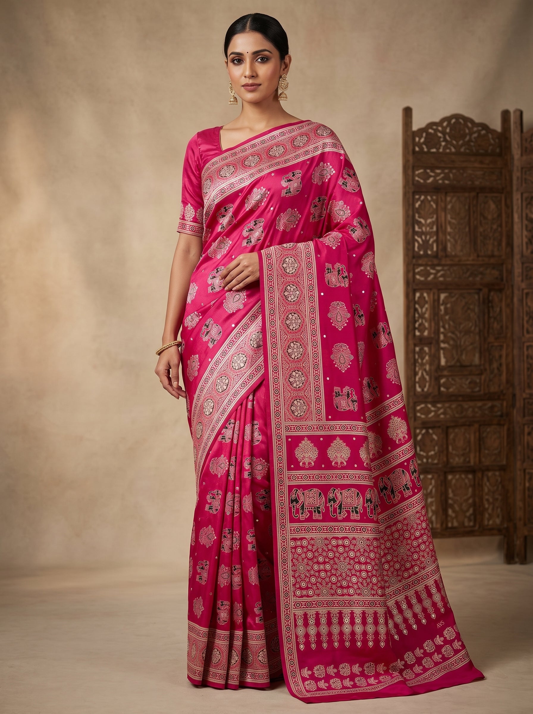 Premium Pure Gajji Silk Ajrakh Bandhej Saree with Super Mirror Work