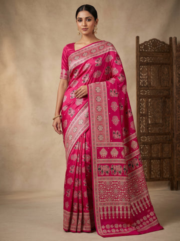Premium Pure Gajji Silk Ajrakh Bandhej Saree with Super Mirror Work