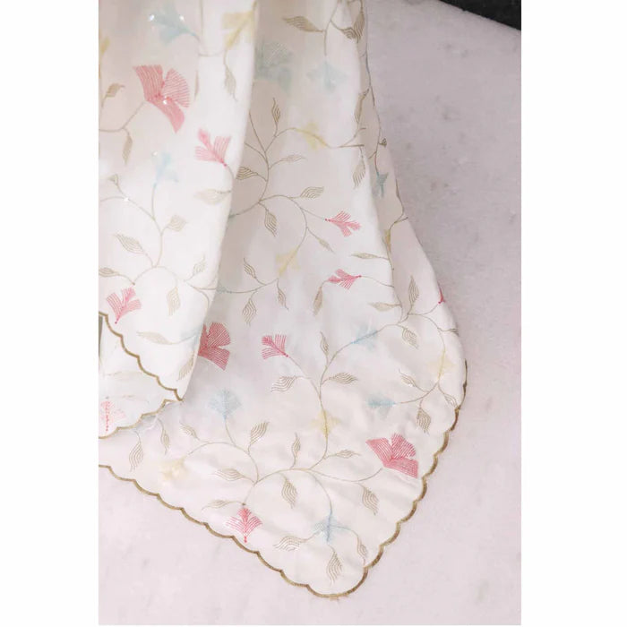 Graceful White Vichitra Silk Saree Adorned With Floral Sequins Embroidery & Golden Arco Border