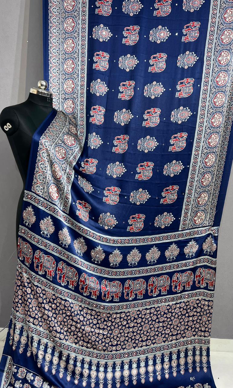 Premium Pure Gajji Silk Ajrakh Bandhej Saree with Super Mirror Work