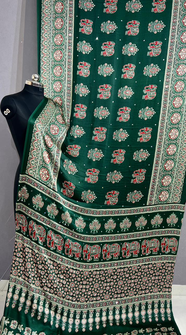 Premium Pure Gajji Silk Ajrakh Bandhej Saree with Super Mirror Work