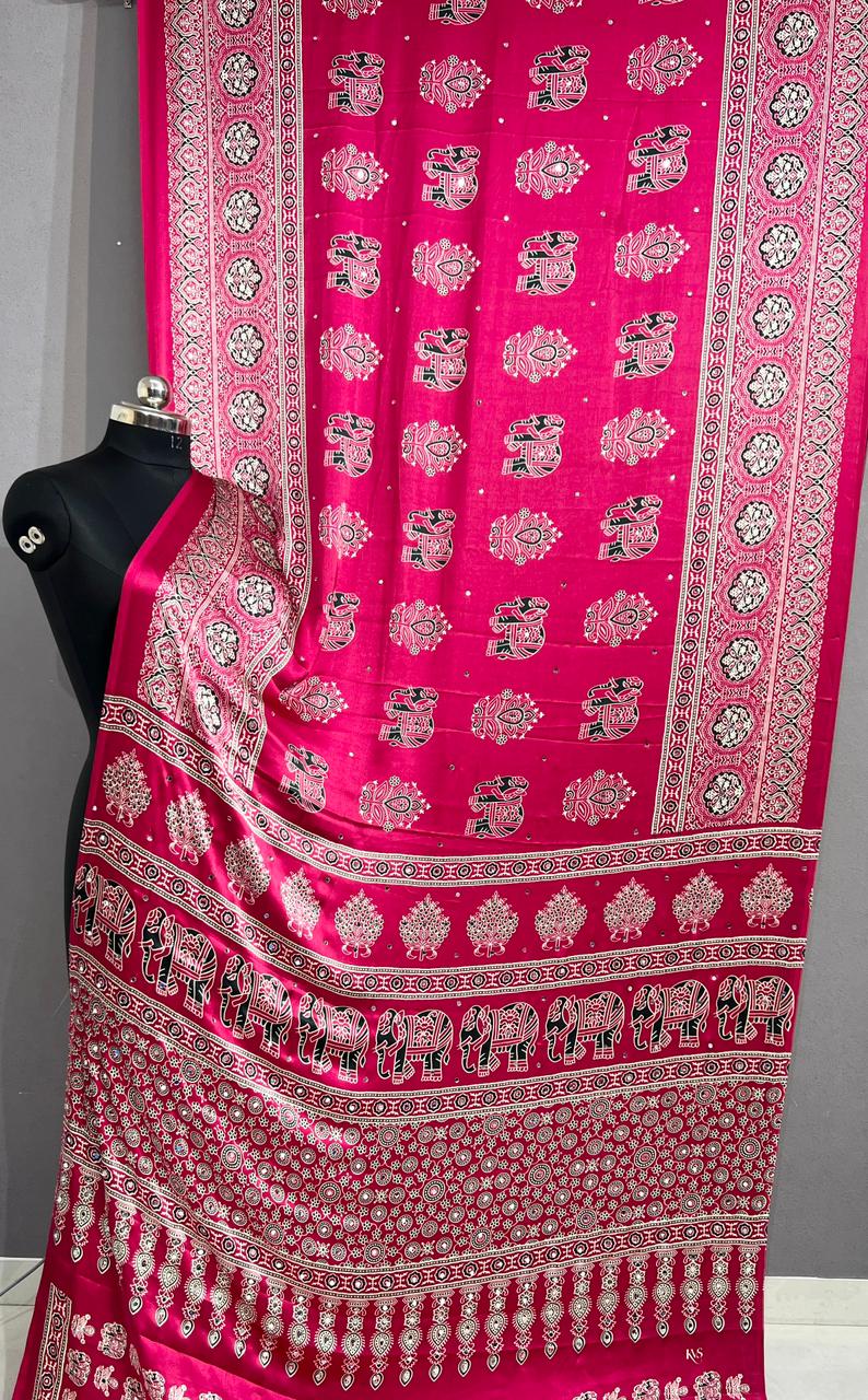 Premium Pure Gajji Silk Ajrakh Bandhej Saree with Super Mirror Work
