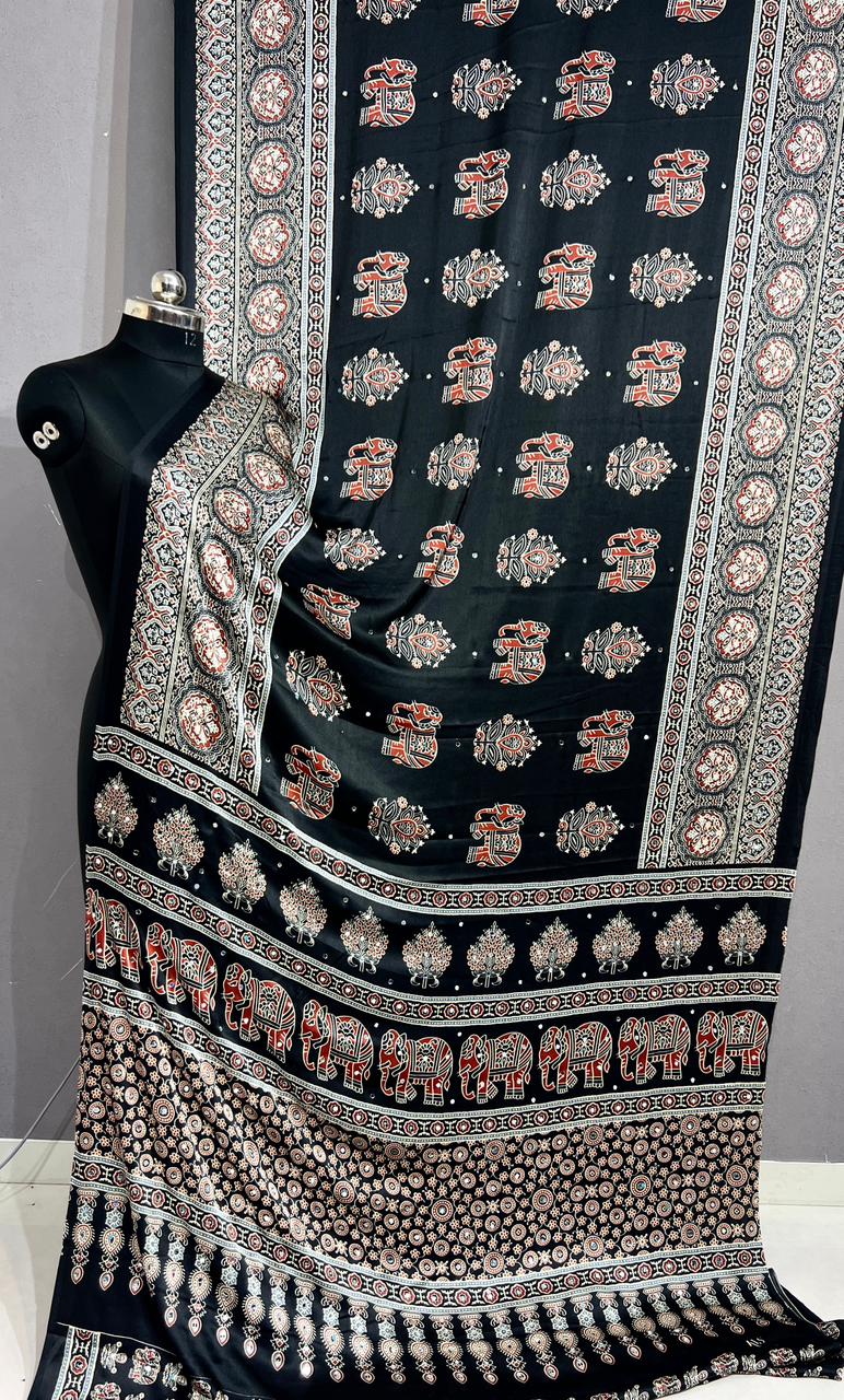 Premium Pure Gajji Silk Ajrakh Bandhej Saree with Super Mirror Work