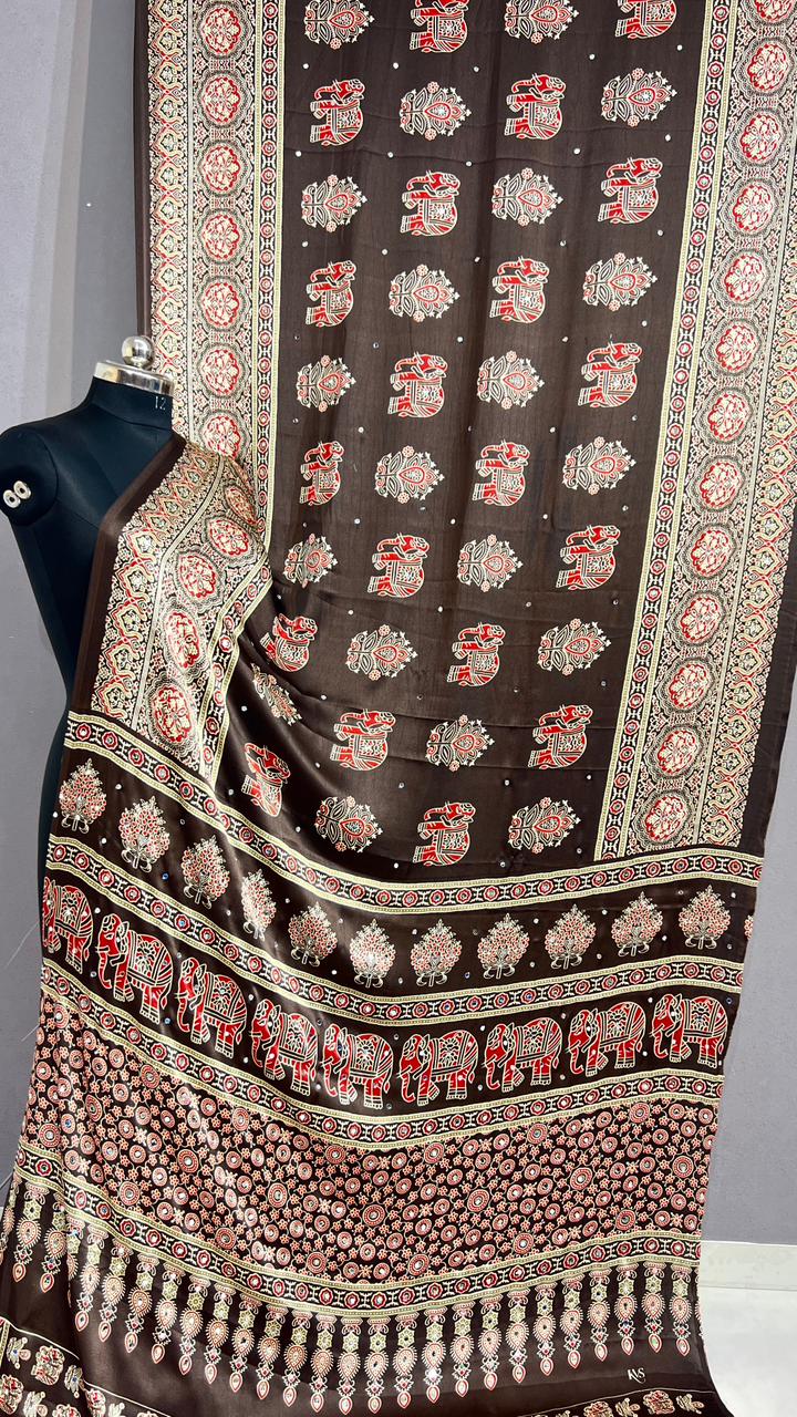 Premium Pure Gajji Silk Ajrakh Bandhej Saree with Super Mirror Work