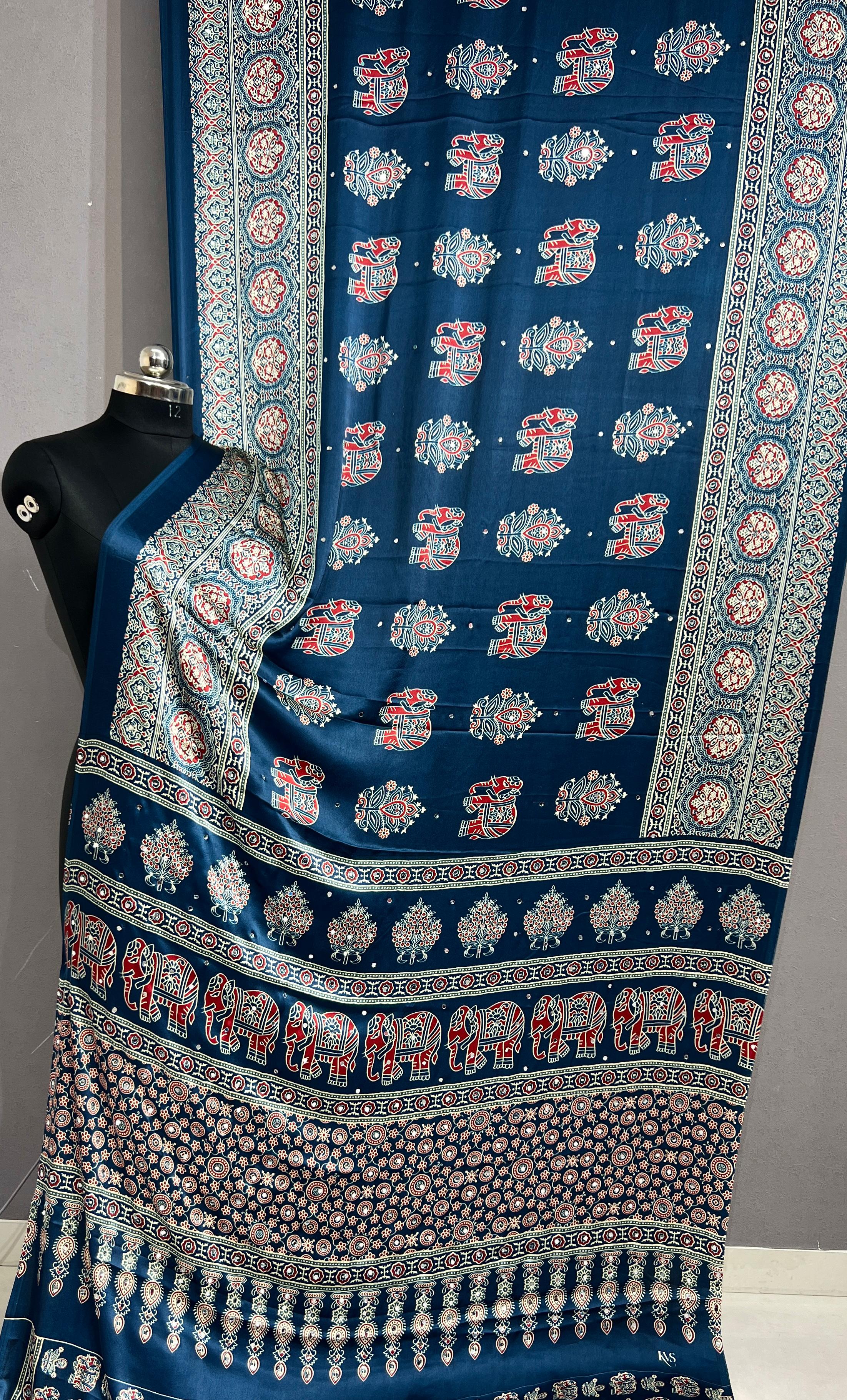 Premium Pure Gajji Silk Ajrakh Bandhej Saree with Super Mirror Work