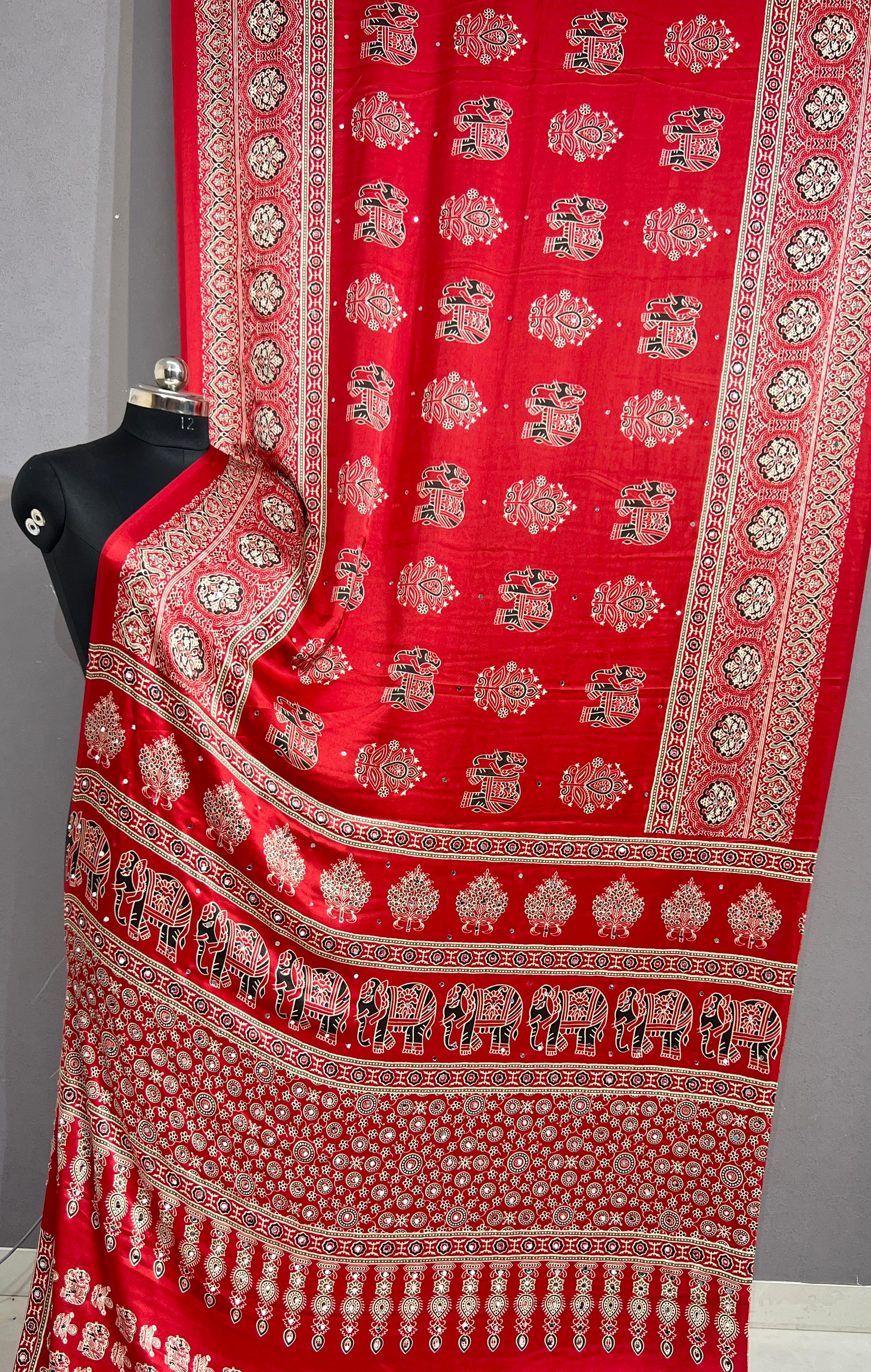 Premium Pure Gajji Silk Ajrakh Bandhej Saree with Super Mirror Work