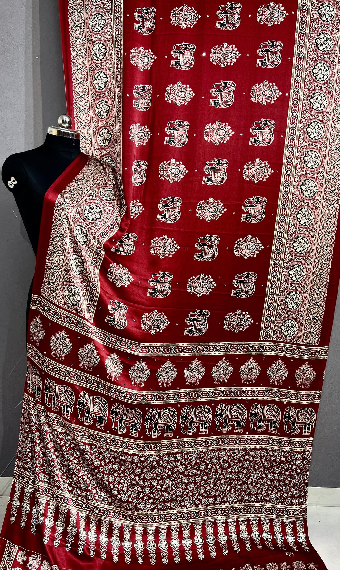 Premium Pure Gajji Silk Ajrakh Bandhej Saree with Super Mirror Work