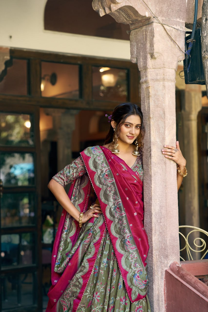 Pure Dolla Tussar Silk Foil Print Lehenga Choli with Heavy Dupatta