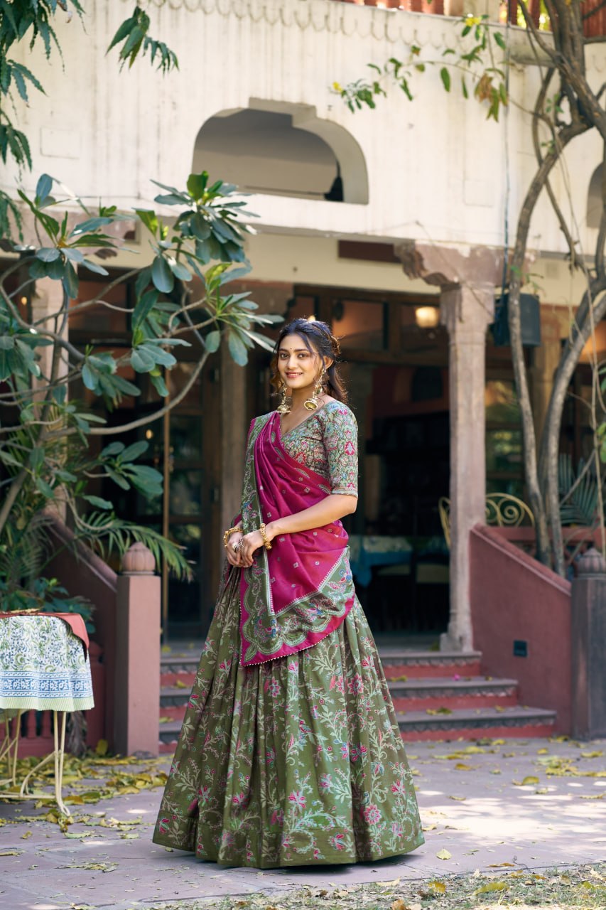 Pure Dolla Tussar Silk Foil Print Lehenga Choli with Heavy Dupatta