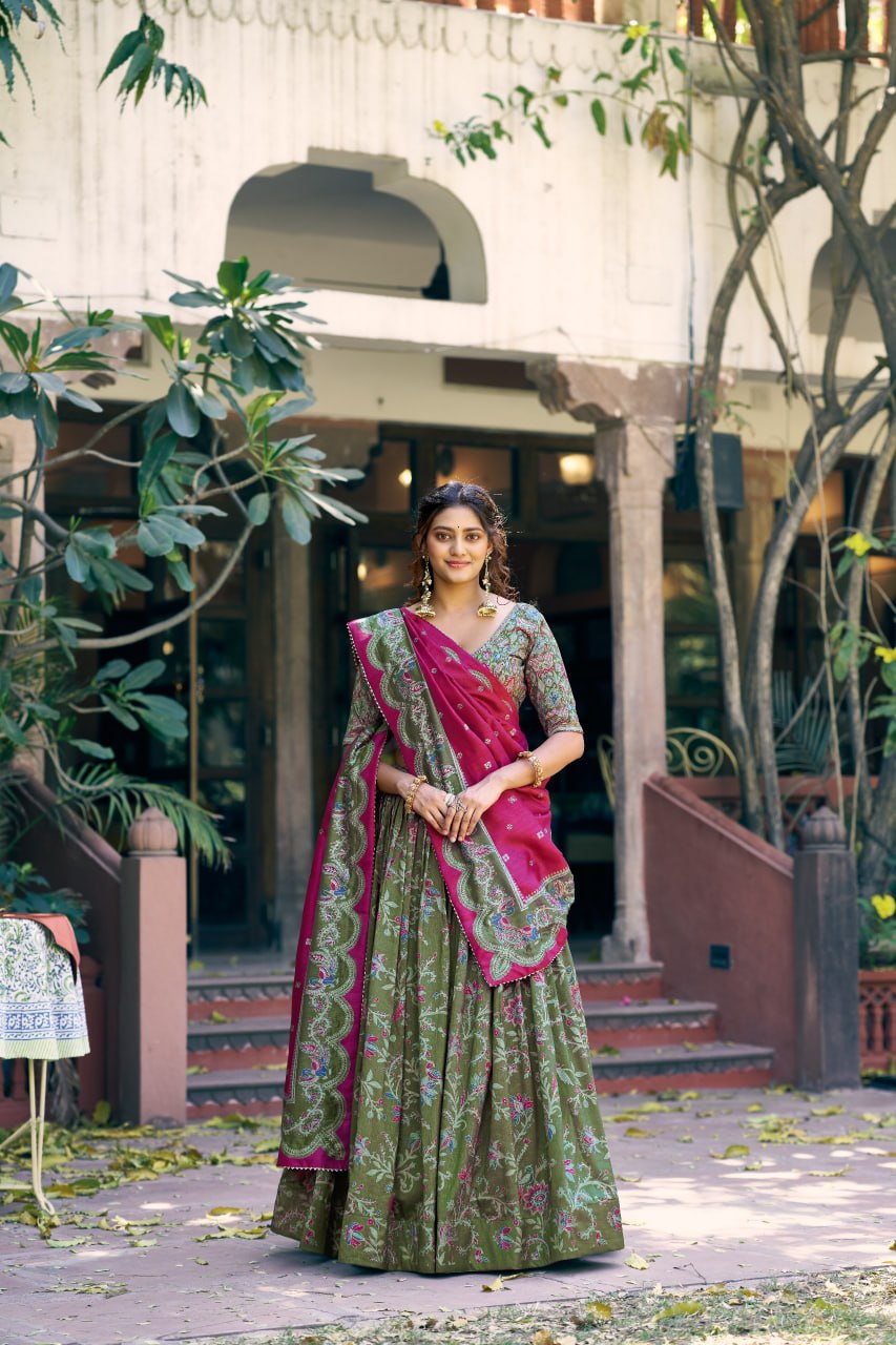 Pure Dolla Tussar Silk Foil Print Lehenga Choli with Heavy Dupatta