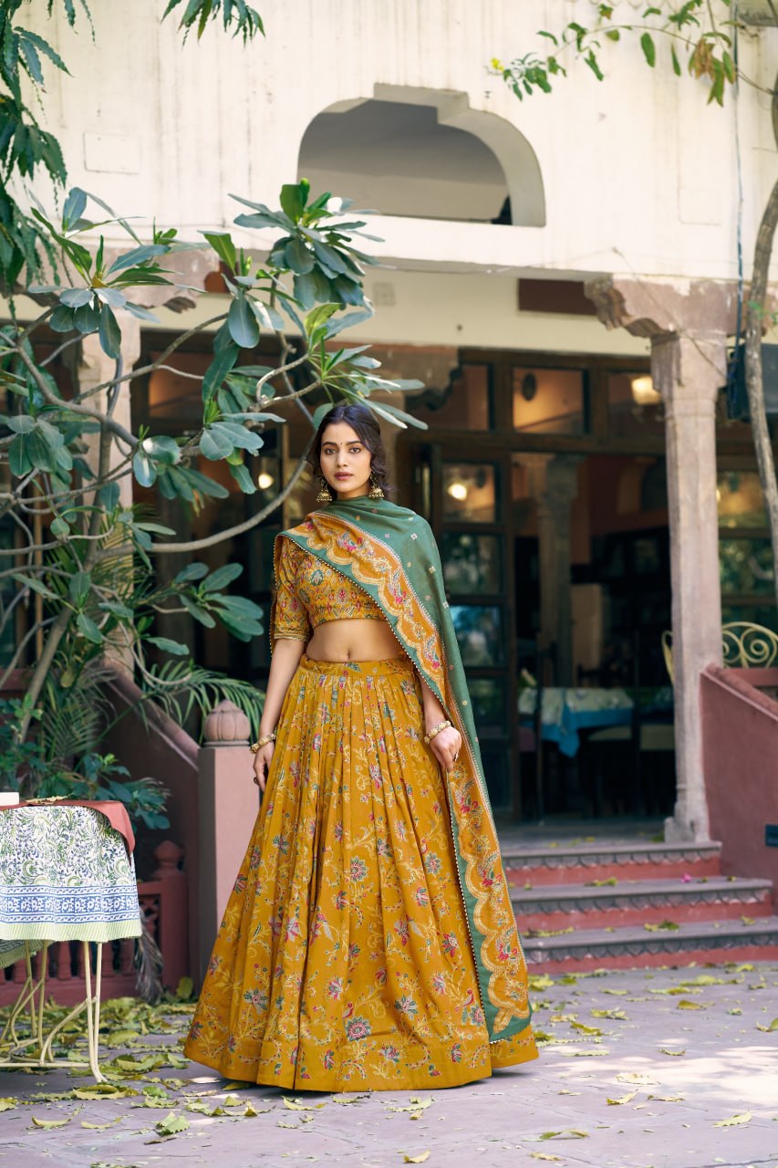 Pure Dolla Tussar Silk Foil Print Lehenga Choli with Heavy Dupatta