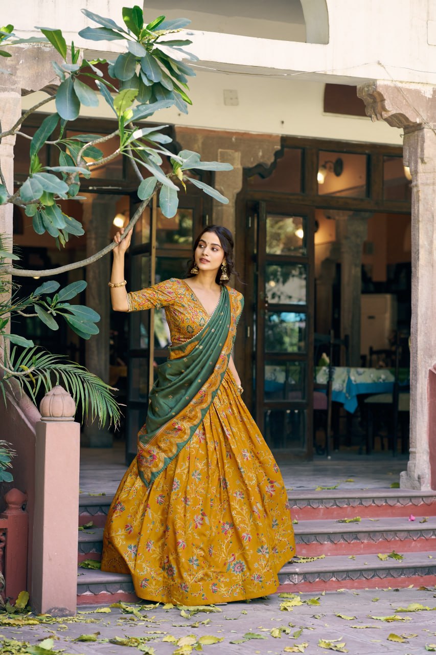 Pure Dolla Tussar Silk Foil Print Lehenga Choli with Heavy Dupatta