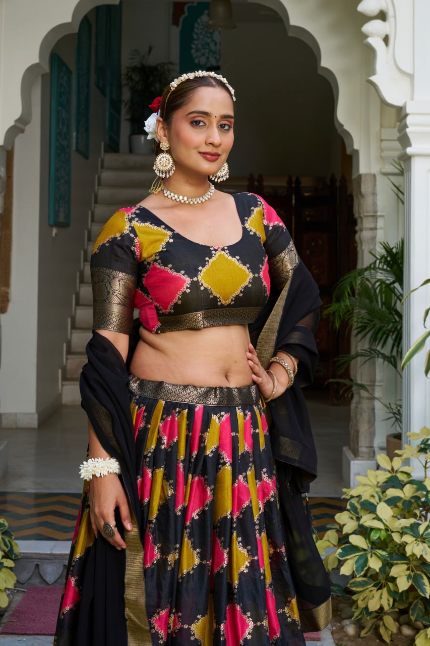 Premium Dola Jacquard Silk Foil Print Lehenga Choli with Georgette Dupatta
