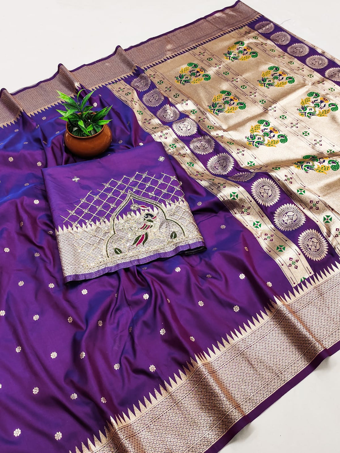 Rajlaxmi Paithani Silk Saree with Rich Peacock Pallu & Designer Handwork Aari Work Blouse