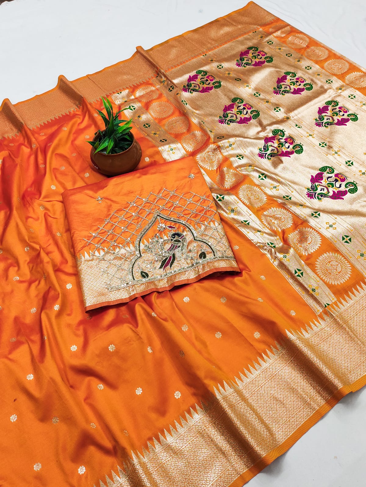 Rajlaxmi Paithani Silk Saree with Rich Peacock Pallu & Designer Handwork Aari Work Blouse