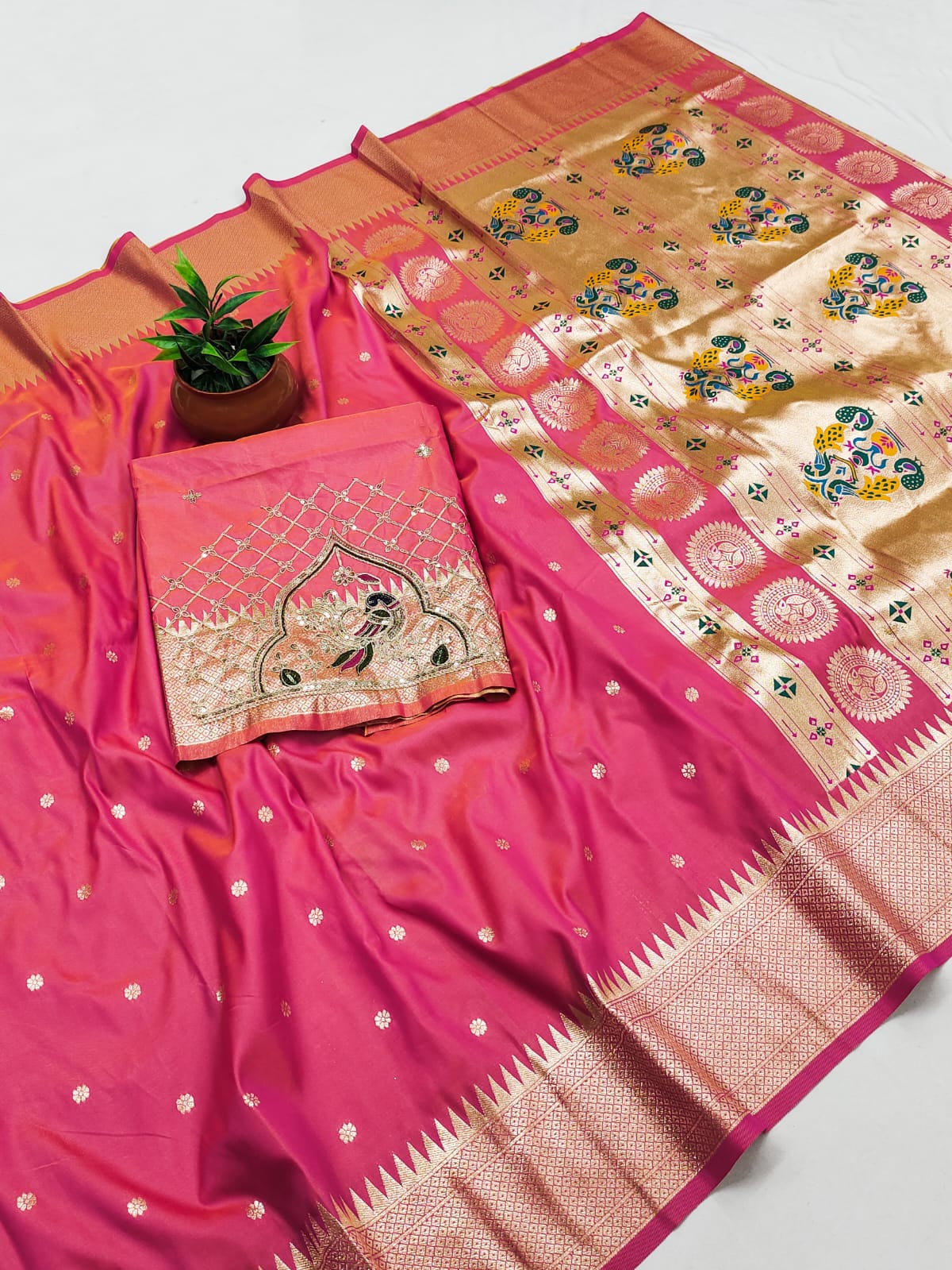 Rajlaxmi Paithani Silk Saree with Rich Peacock Pallu & Designer Handwork Aari Work Blouse