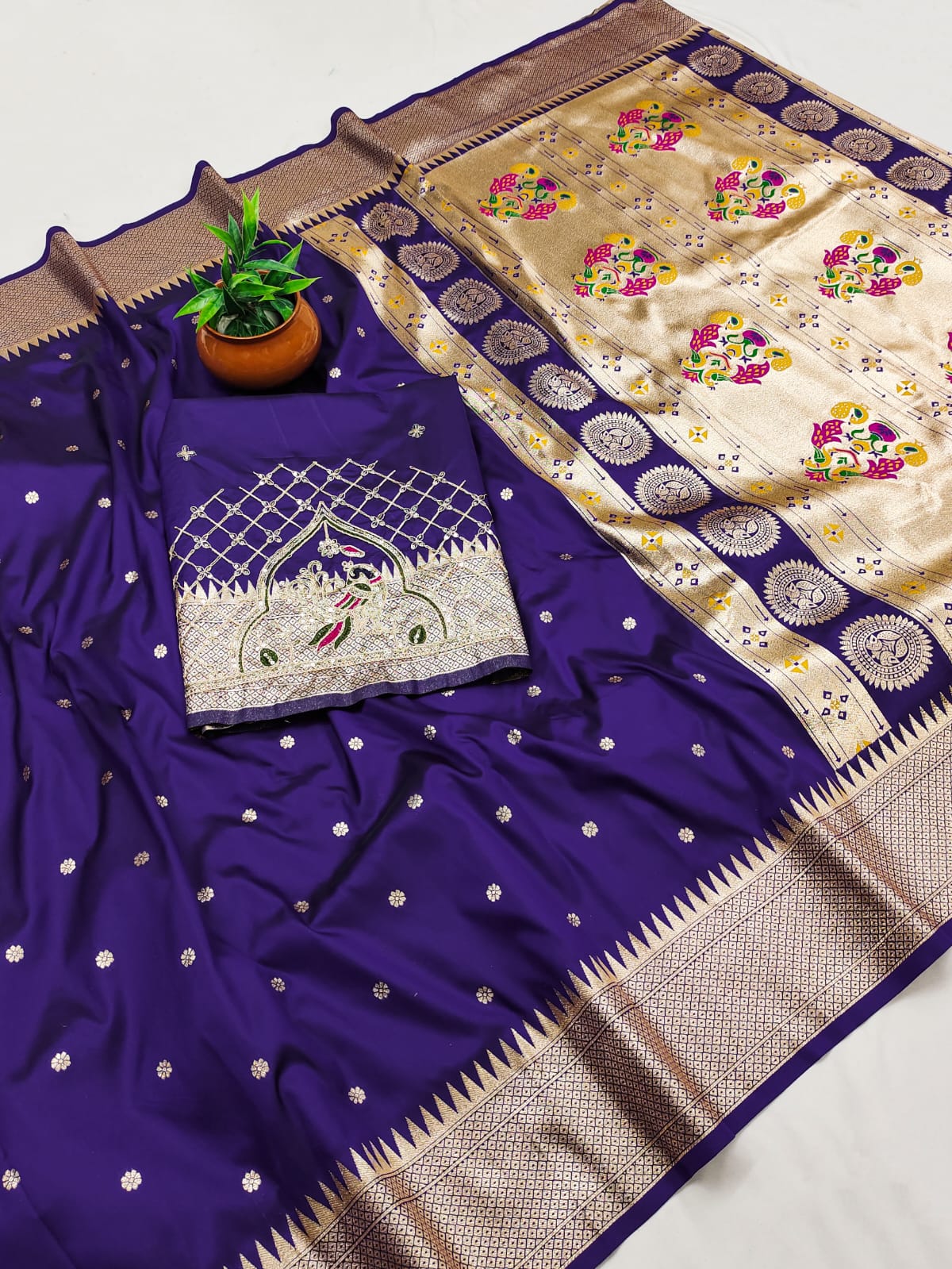 Rajlaxmi Paithani Silk Saree with Rich Peacock Pallu & Designer Handwork Aari Work Blouse