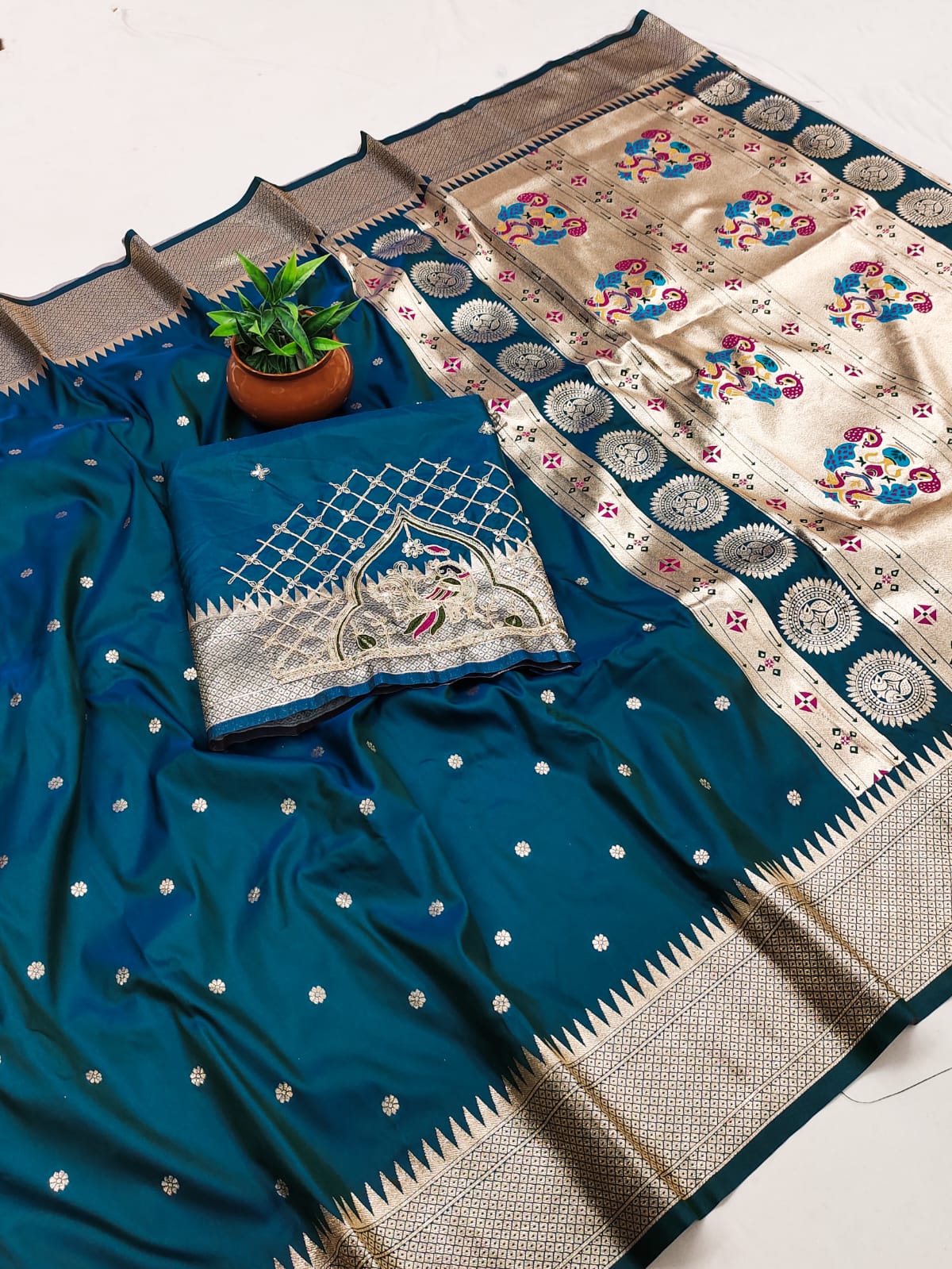 Rajlaxmi Paithani Silk Saree with Rich Peacock Pallu & Designer Handwork Aari Work Blouse
