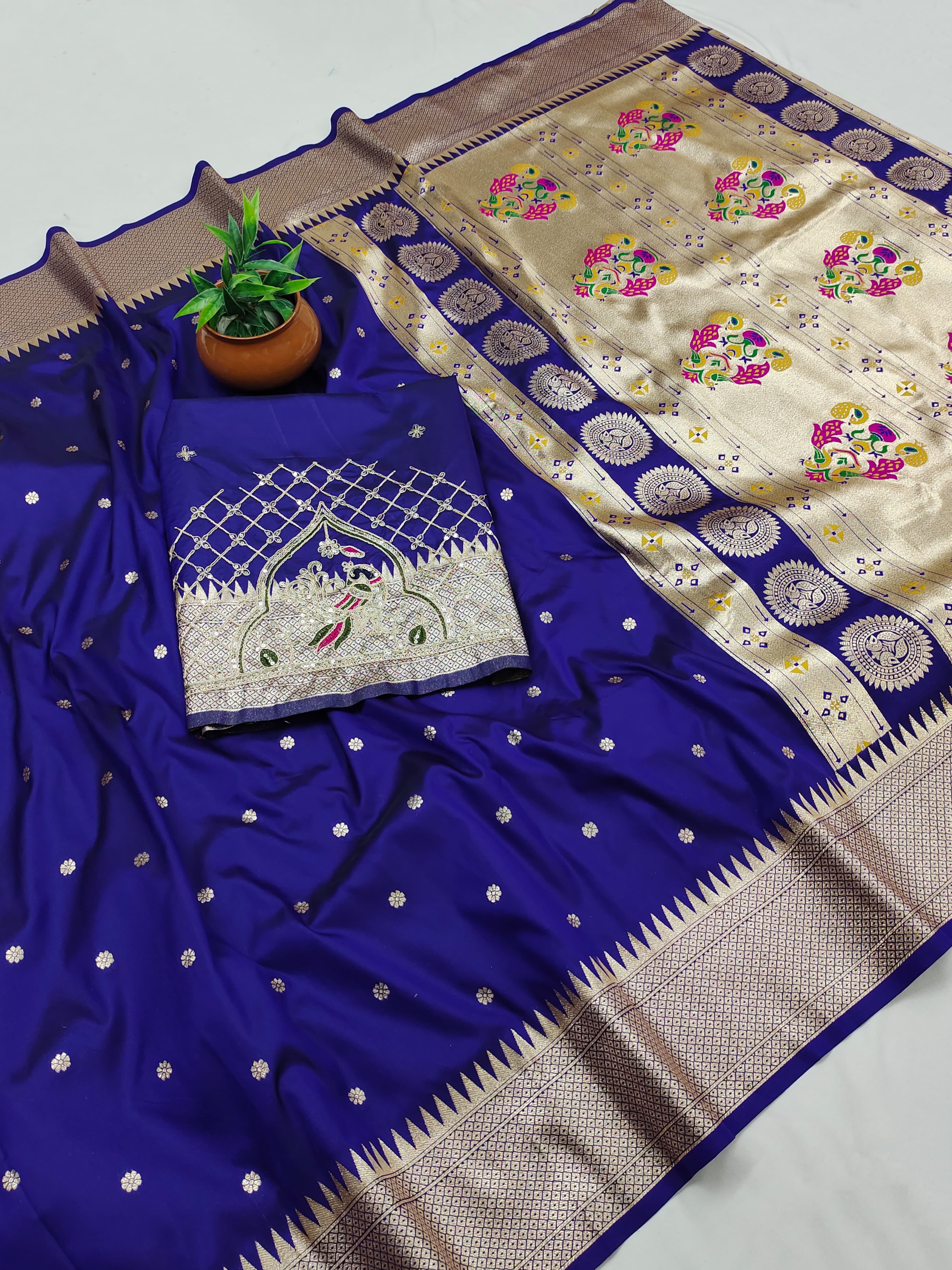 Rajlaxmi Paithani Silk Saree with Rich Peacock Pallu & Designer Handwork Aari Work Blouse