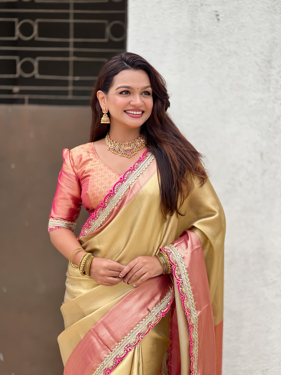 Celebrity Inspired Soft Tissue Silk Saree with Designer Embroidery Lace Border & Brocade Blouse