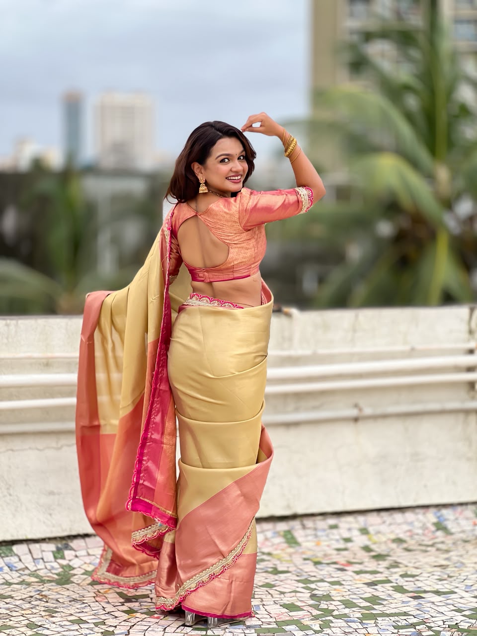 Celebrity Inspired Soft Tissue Silk Saree with Designer Embroidery Lace Border & Brocade Blouse