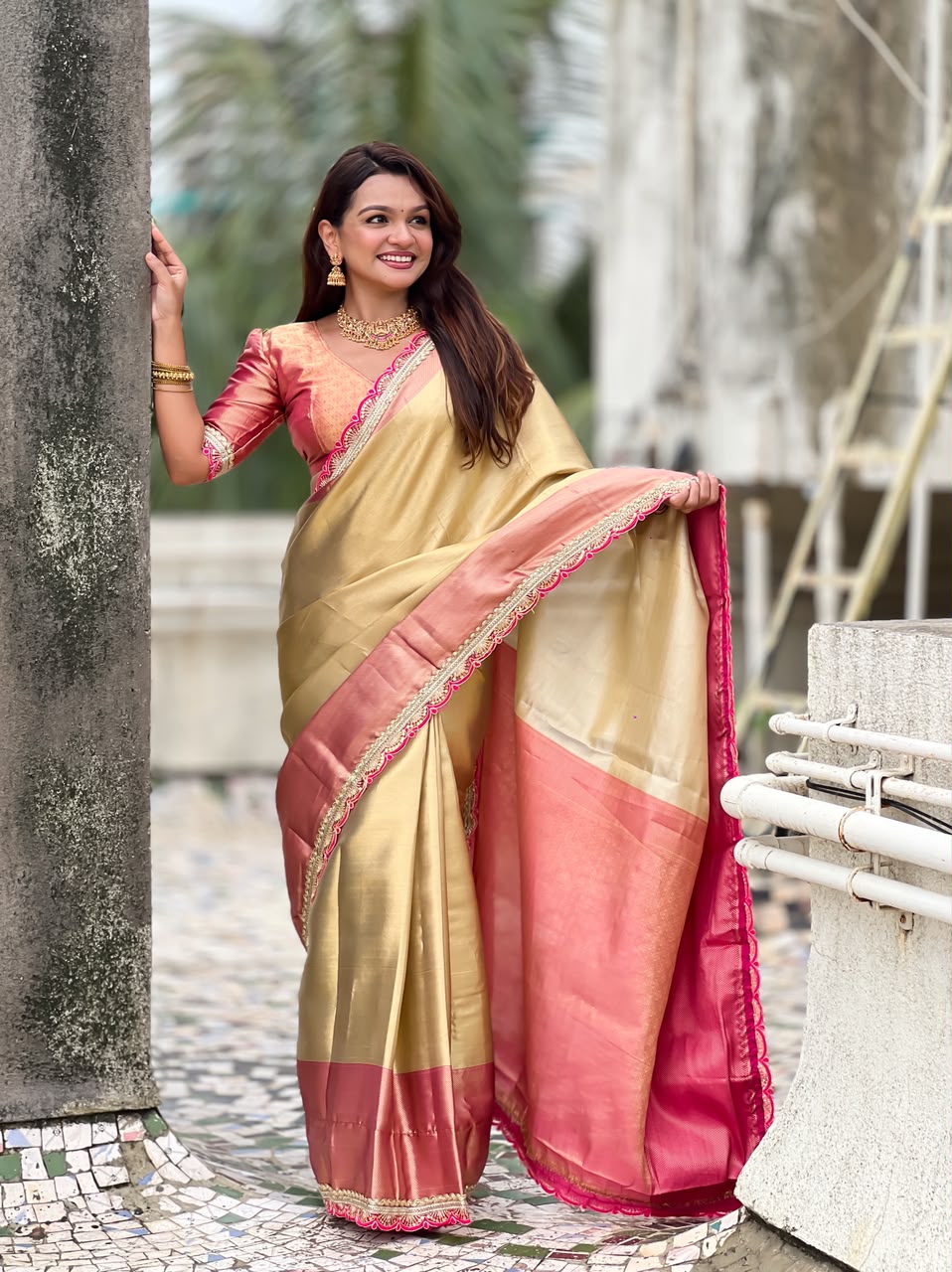 Celebrity Inspired Soft Tissue Silk Saree with Designer Embroidery Lace Border & Brocade Blouse