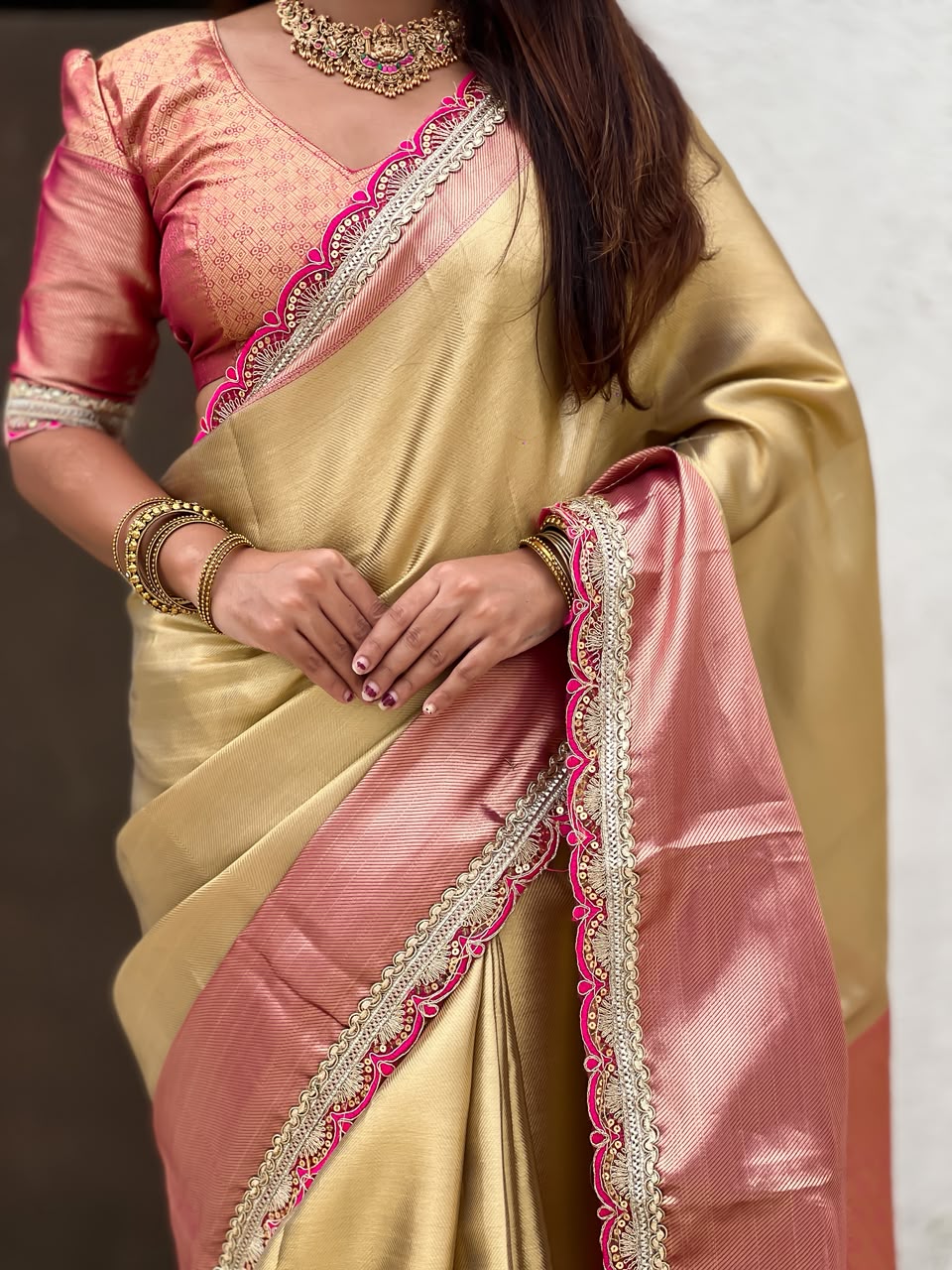 Celebrity Inspired Soft Tissue Silk Saree with Designer Embroidery Lace Border & Brocade Blouse
