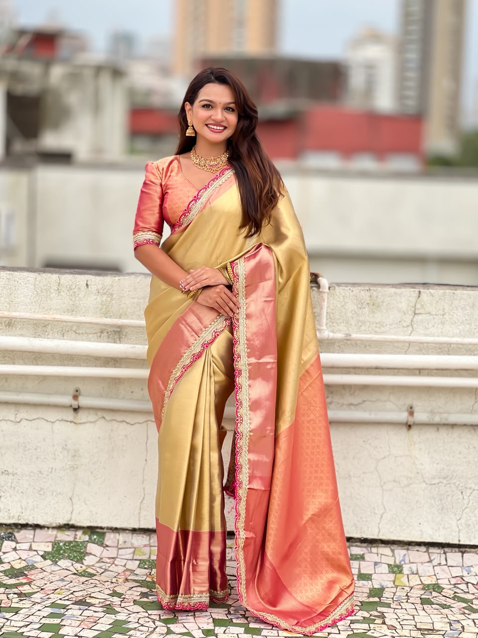 Celebrity Inspired Soft Tissue Silk Saree with Designer Embroidery Lace Border & Brocade Blouse