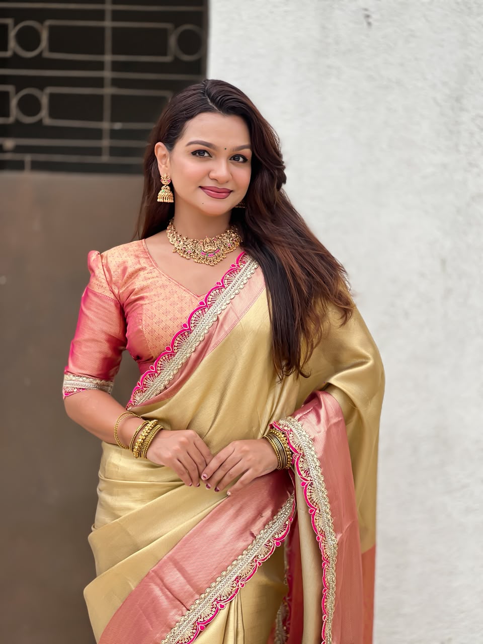 Celebrity Inspired Soft Tissue Silk Saree with Designer Embroidery Lace Border & Brocade Blouse