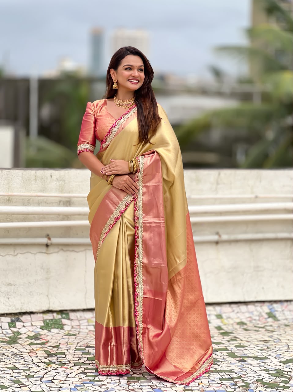 Celebrity Inspired Soft Tissue Silk Saree with Designer Embroidery Lace Border & Brocade Blouse