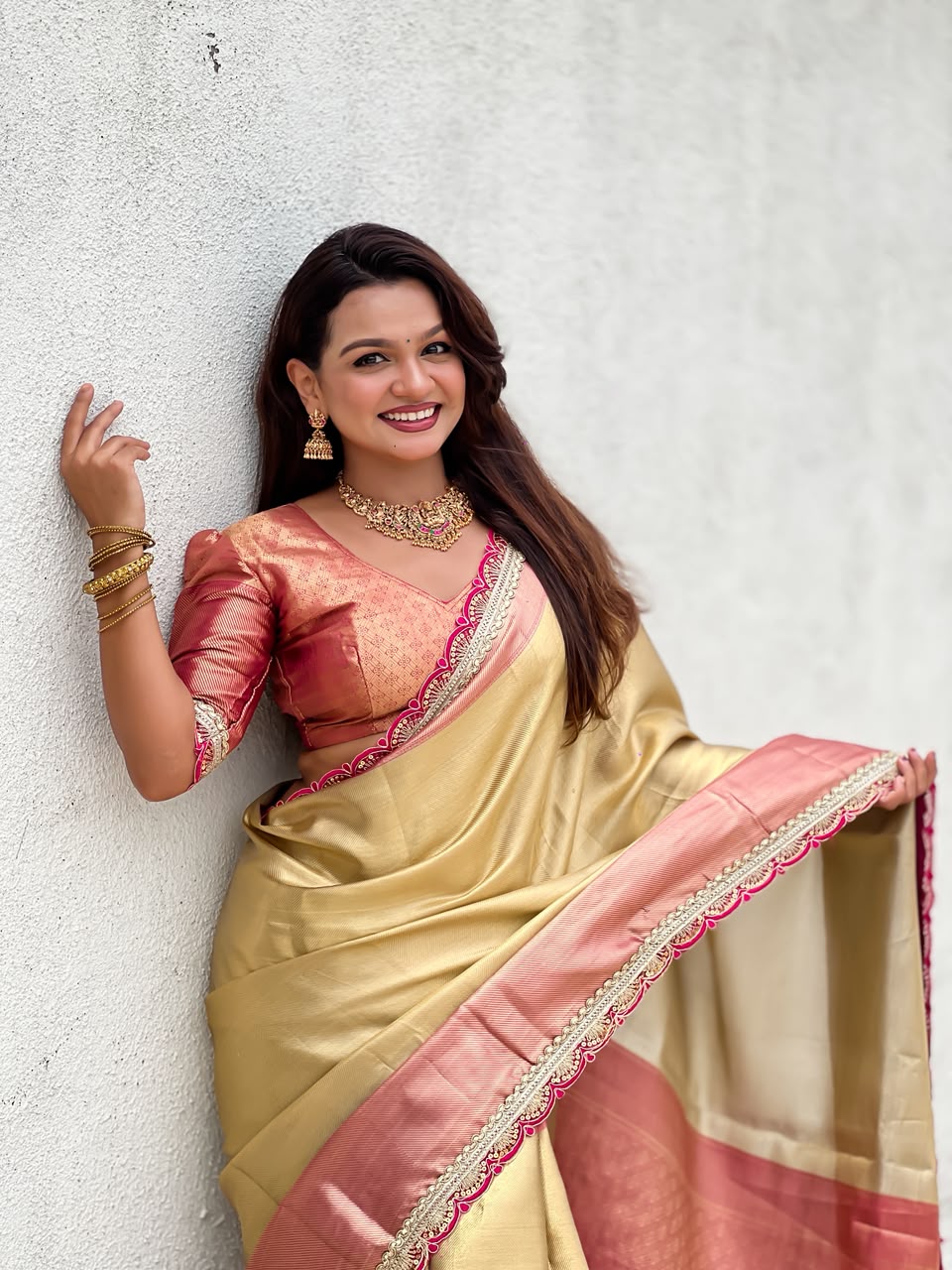 Celebrity Inspired Soft Tissue Silk Saree with Designer Embroidery Lace Border & Brocade Blouse