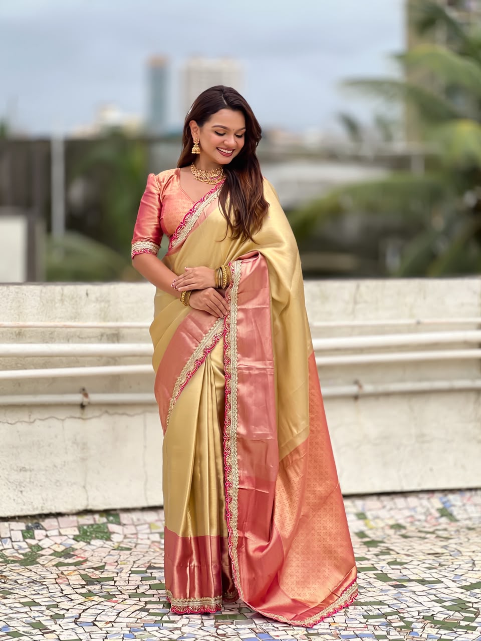 Celebrity Inspired Soft Tissue Silk Saree with Designer Embroidery Lace Border & Brocade Blouse
