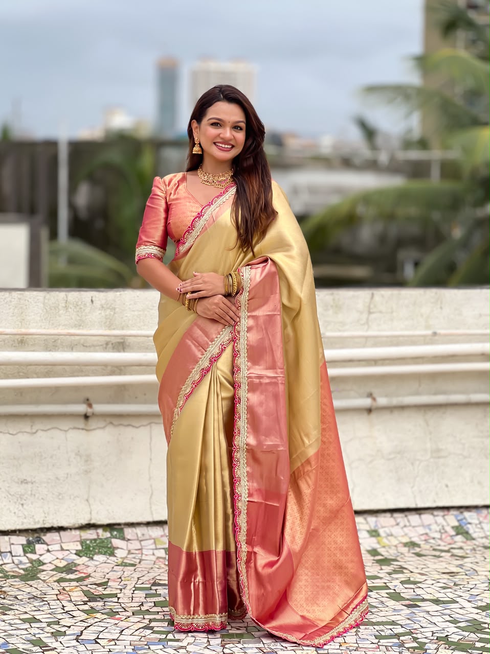 Celebrity Inspired Soft Tissue Silk Saree with Designer Embroidery Lace Border & Brocade Blouse