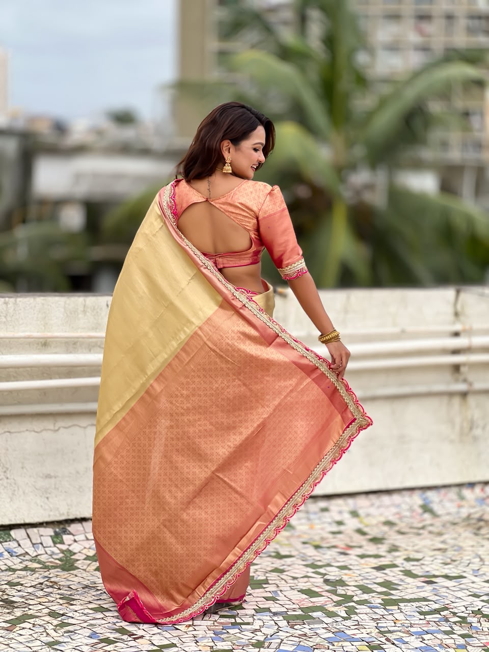 Celebrity Inspired Soft Tissue Silk Saree with Designer Embroidery Lace Border & Brocade Blouse