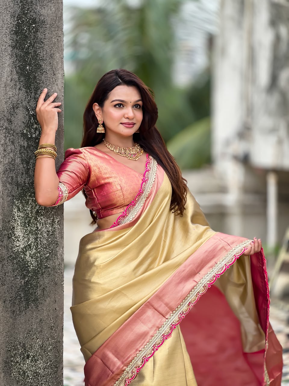 Celebrity Inspired Soft Tissue Silk Saree with Designer Embroidery Lace Border & Brocade Blouse