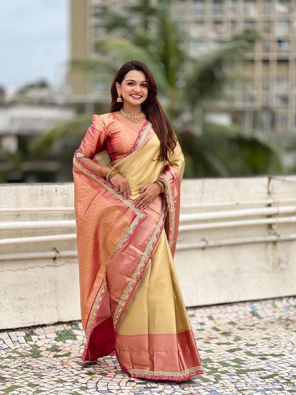 Celebrity Inspired Soft Tissue Silk Saree with Designer Embroidery Lace Border & Brocade Blouse
