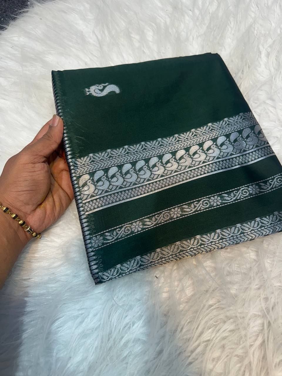 Premium Soft Lichi Silk Saree with Silver Zari Woven Border & Running Blouse | Festive & Party Wear