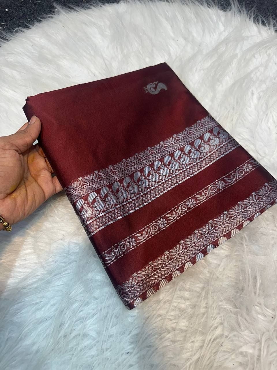 Premium Soft Lichi Silk Saree with Silver Zari Woven Border & Running Blouse | Festive & Party Wear