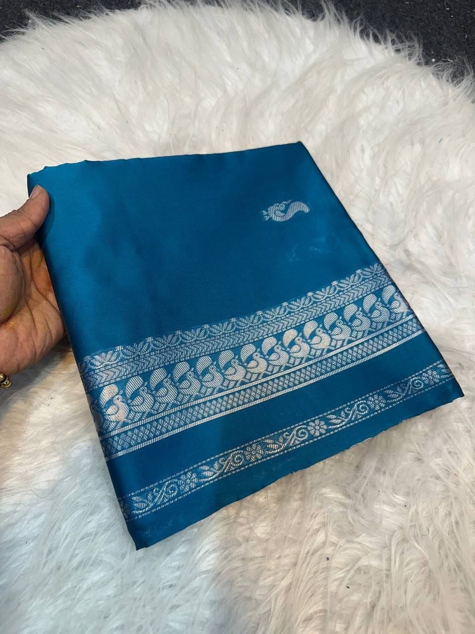 Premium Soft Lichi Silk Saree with Silver Zari Woven Border & Running Blouse | Festive & Party Wear