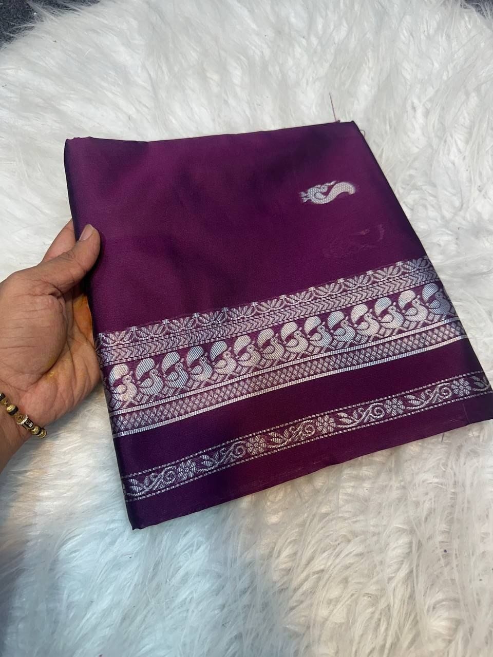 Premium Soft Lichi Silk Saree with Silver Zari Woven Border & Running Blouse | Festive & Party Wear