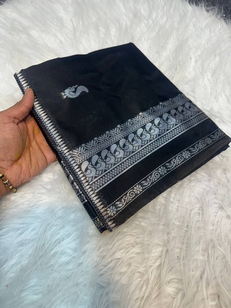 Premium Soft Lichi Silk Saree with Silver Zari Woven Border & Running Blouse | Festive & Party Wear