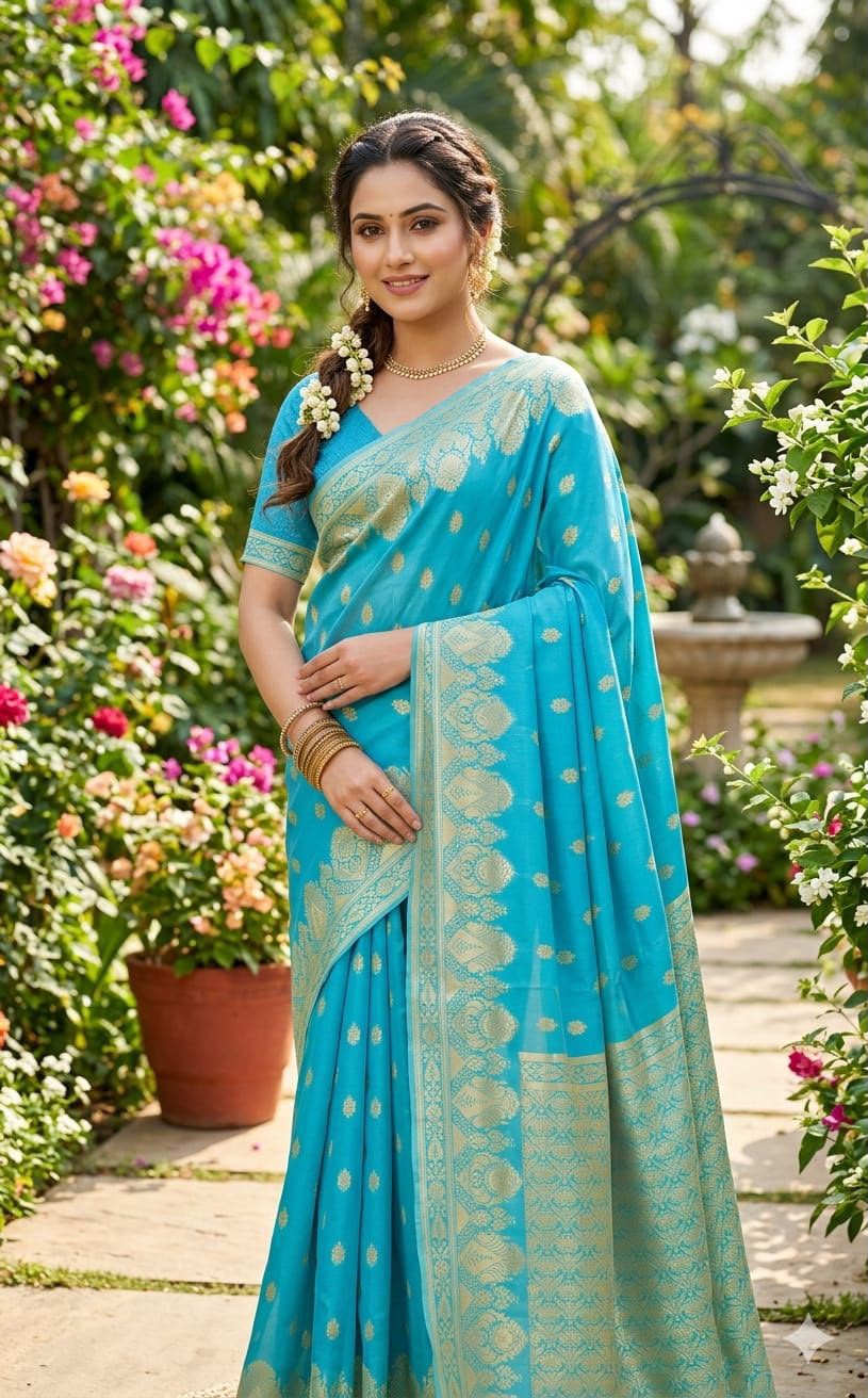 Premium Soft Lichi Silk Banarasi Saree with Rich Jacquard Weaving Pallu & Designer Blouse | Wedding & Festive Wear