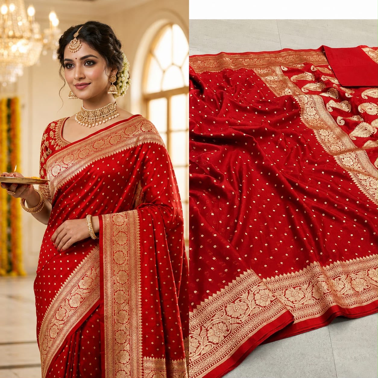 Premium Soft Lichi Silk Banarasi Saree with Rich Jacquard Weaving Pallu & Designer Blouse | Wedding & Festive Wear