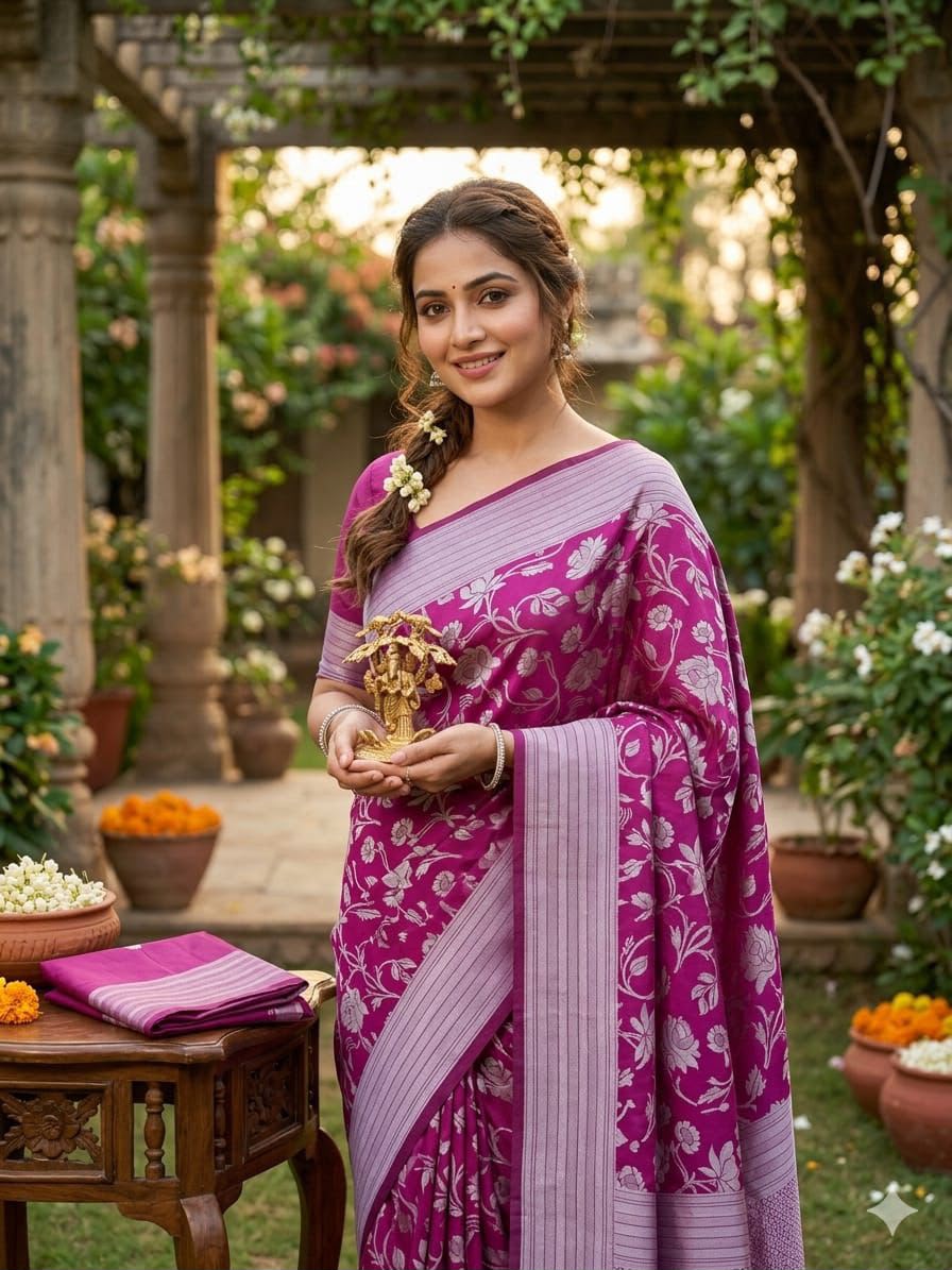 Premium Soft Lichi Silk Banarasi Saree with Rich Jacquard Weaving Pallu & Designer Blouse | Wedding & Festive Wear