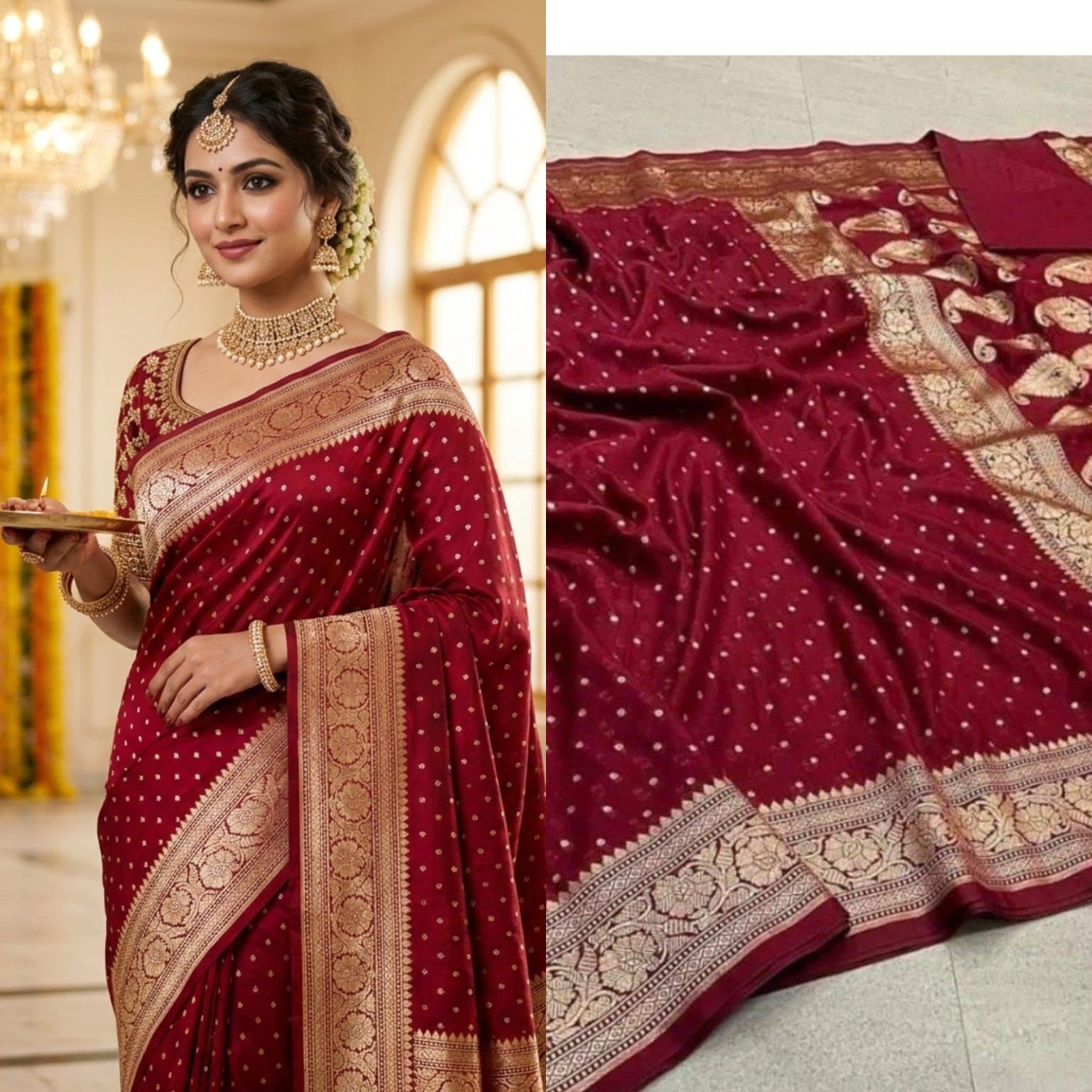 Premium Soft Lichi Silk Banarasi Saree with Rich Jacquard Weaving Pallu & Designer Blouse | Wedding & Festive Wear