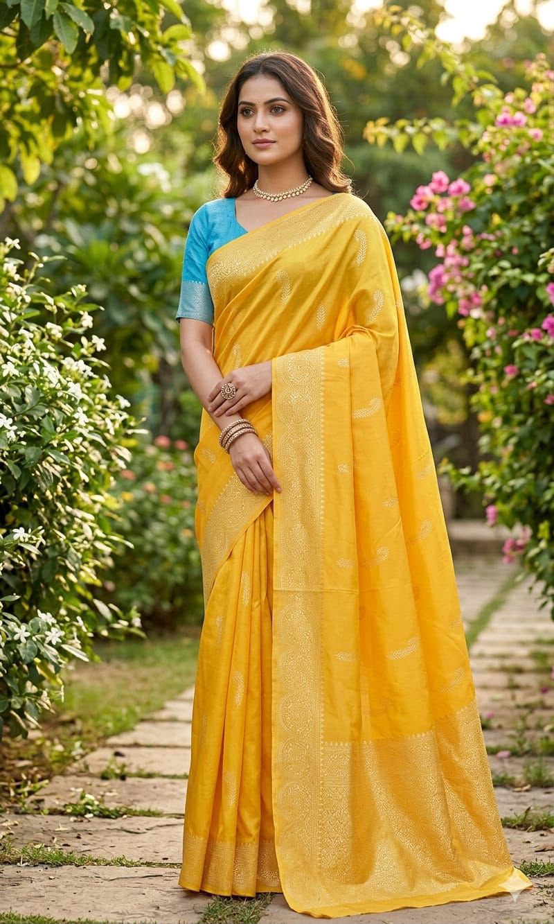 Premium Soft Lichi Silk Banarasi Saree with Rich Jacquard Weaving Pallu & Designer Blouse | Wedding & Festive Wear