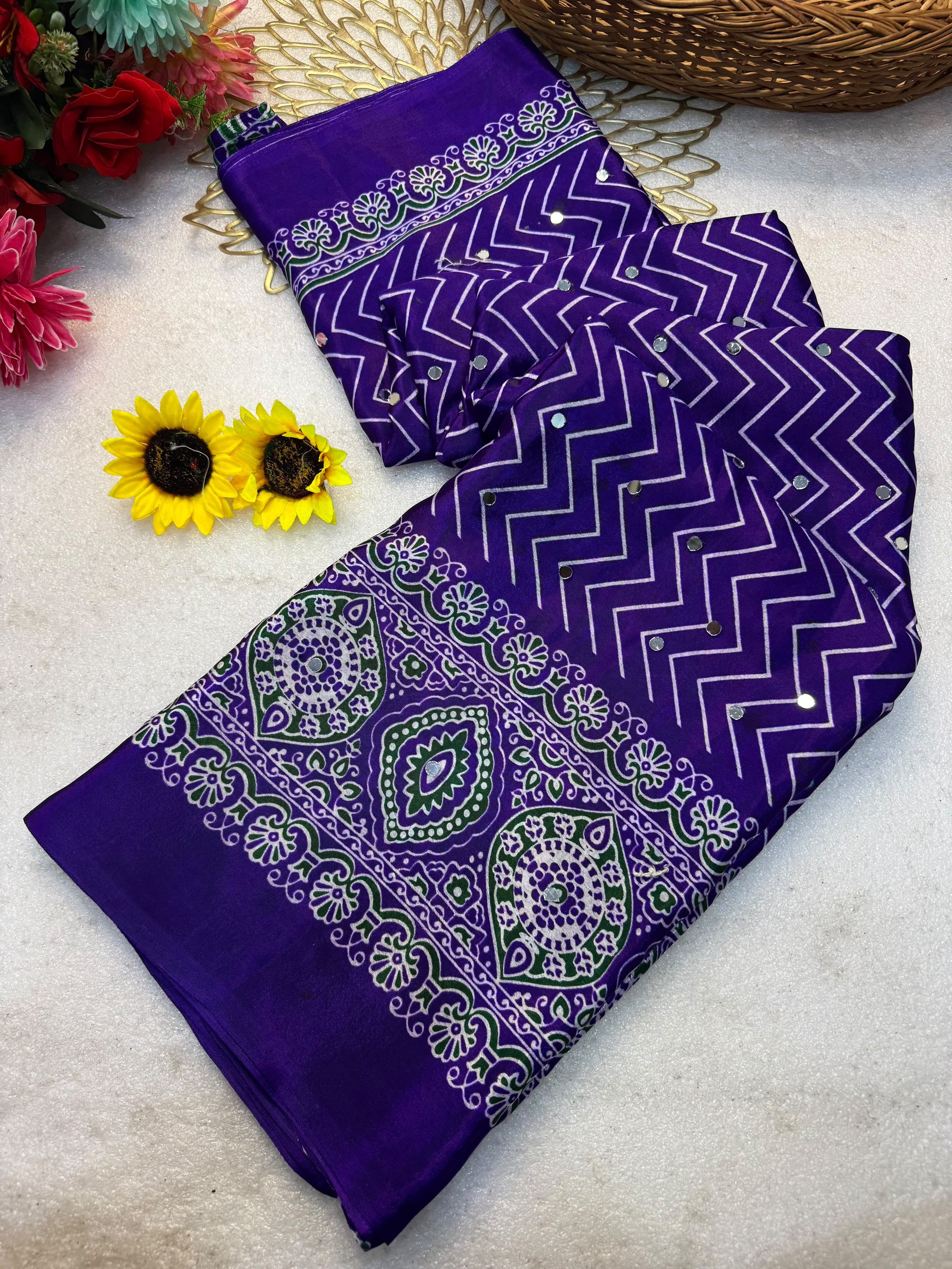 Pure Gajji Silk Ajrakh Bandhani Saree with Super Mirror Work | Heavy Soft Silk Traditional Party Wear Saree