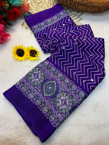 Pure Gajji Silk Ajrakh Bandhani Saree with Super Mirror Work | Heavy Soft Silk Traditional Party Wear Saree