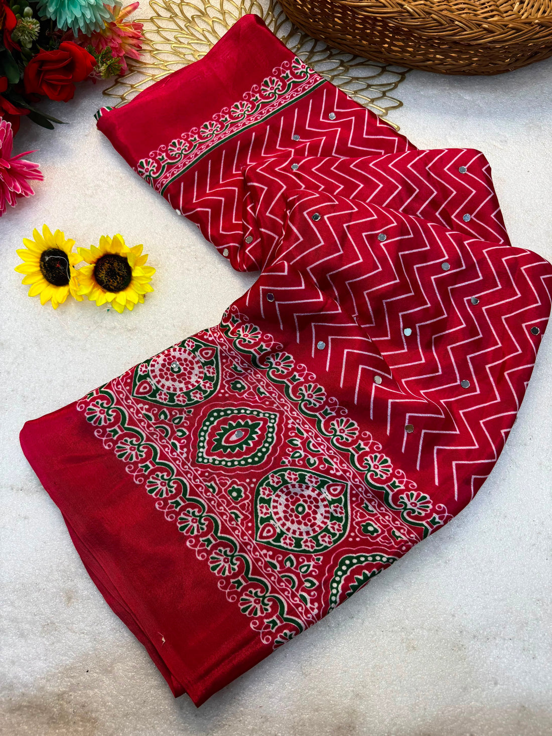 Pure Gajji Silk Ajrakh Bandhani Saree with Super Mirror Work | Heavy Soft Silk Traditional Party Wear Saree
